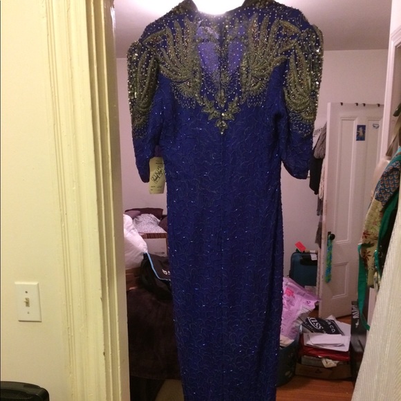 Gold Star full length beaded blue dress (size L) - Picture 2 of 7